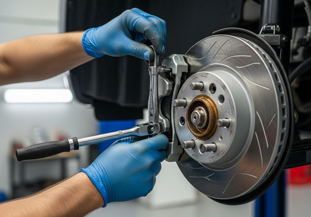Mechanic working on brakes