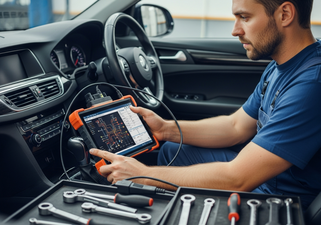 Mechanic using diagnostic tool